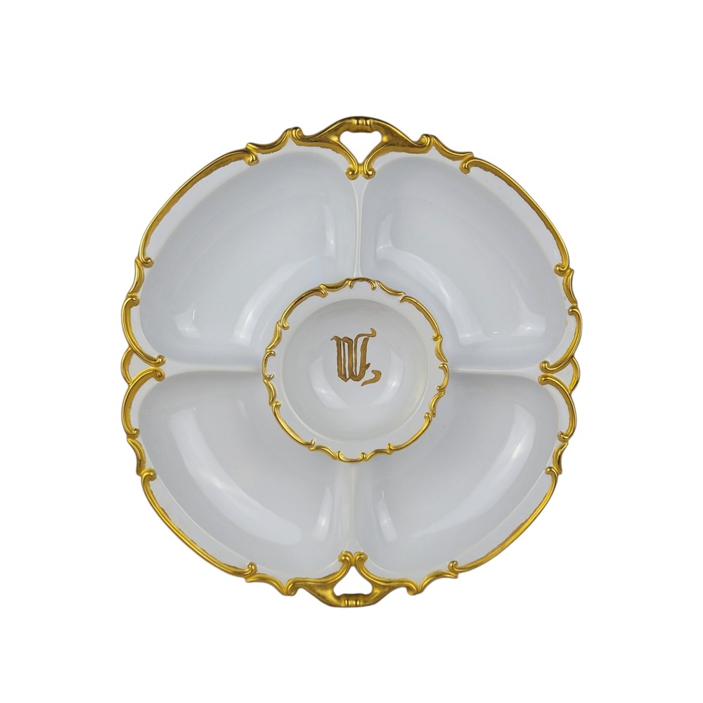 Antique Austrian Porcelain Divided Serving Dish Gold Gilt Monogrammed 11.5"
